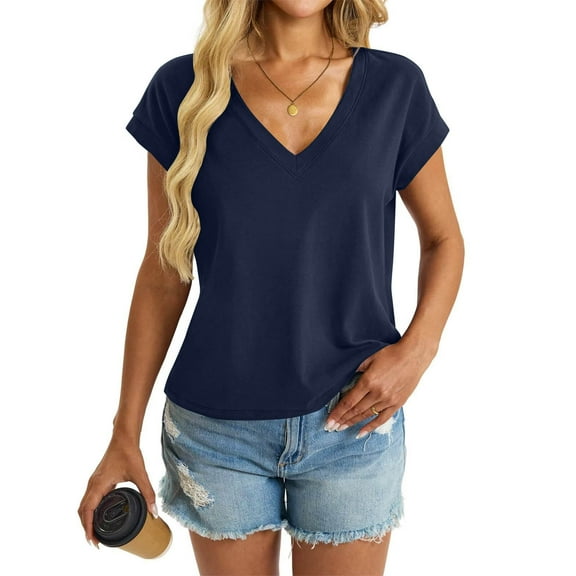 DPTALR George Women's Summer V-Neck Short Sleeve T-Shirts,Dressy Casual Loose Fit Cute Trendy Fashion Tops,Navy,Size XL