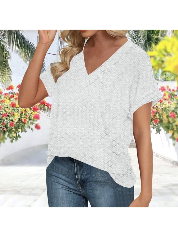 George Women's Summer V-neck Short-Sleeve T-Shirts,14 Colors Available: Comfortable Stylish Casual Tops,White,Size XL