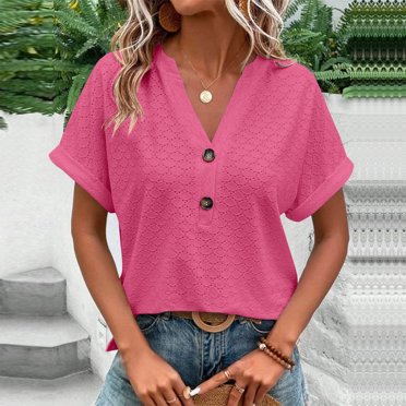 Women's Eyelet Shirt - Cotton Linen V-Neck Blouse Short Sleeve Summer Tunic Top