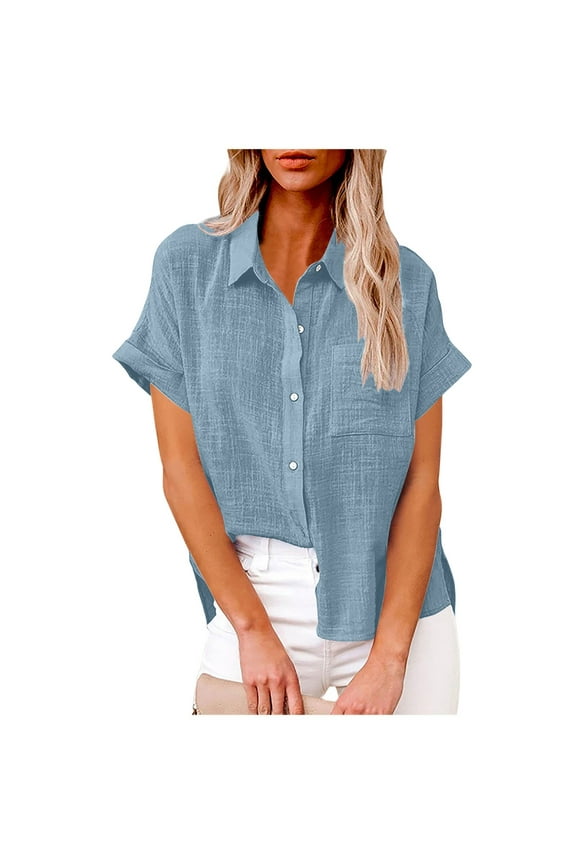 George Women's V-Neck Collared Short Sleeve Cotton Linen Button-Down Blouses with Pockets,Blue,Size M
