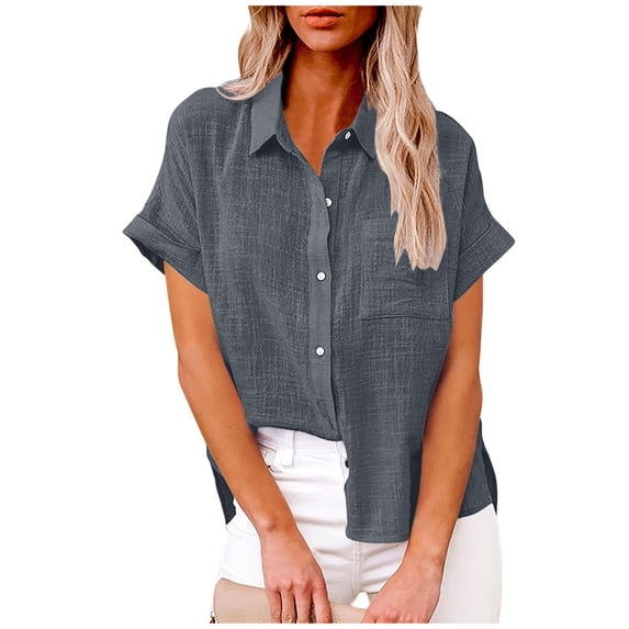 DPTALR George Women's V-Neck Collared Short Sleeve Cotton Linen Button-Down Blouses with Pockets,Gray,Size XXL