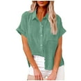 thumbnail image 1 of DPTALR George Women's V-Neck Collared Short Sleeve Cotton Linen Button-Down Blouses with Pockets,Mint Green,Size XXL, 1 of 5