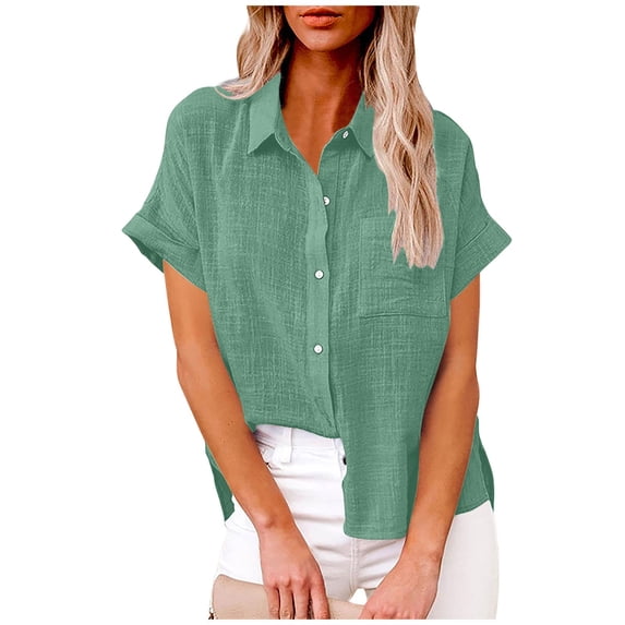 DPTALR George Women's V-Neck Collared Short Sleeve Cotton Linen Button-Down Blouses with Pockets,Mint Green,Size XXL
