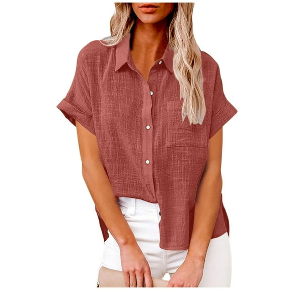 DPTALR George Women's V-Neck Collared Short Sleeve Cotton Linen Button-Down Blouses with Pockets,Orange,Size XXL
