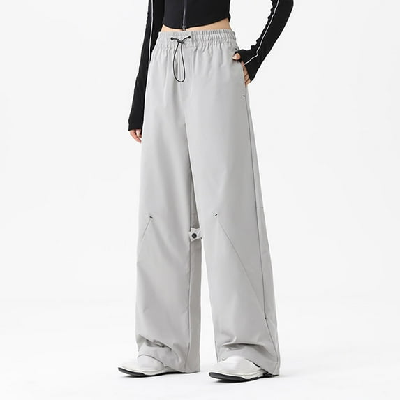 DPTALR George Women's Waterproof Hiking Pants,Drawstring Wide Leg Parachute Pants,Y2k Elastic Waist Baggy Casual,Gray,Size L
