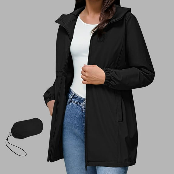DPTALR George Women's Waterproof Hooded Long Sleeve Zipper Windbreaker Raincoat with Pockets,Black,Size S