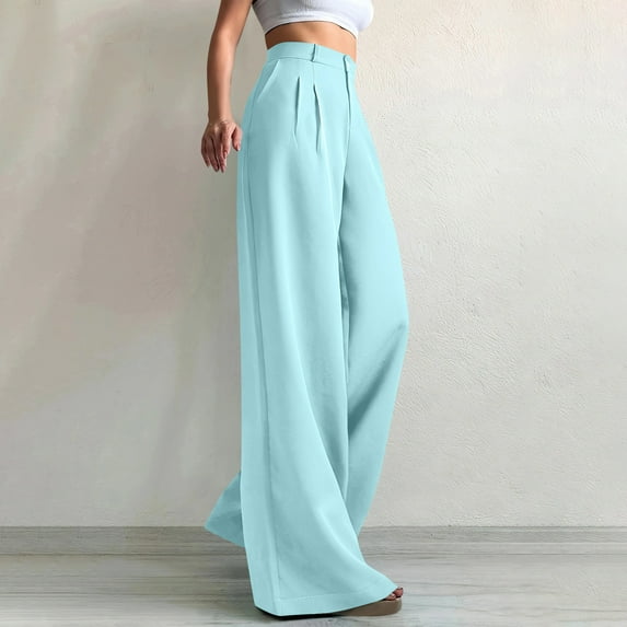 DPTALR Women's Wide Leg Business Casual Straight Office Trousers, Sky Blue, Size M