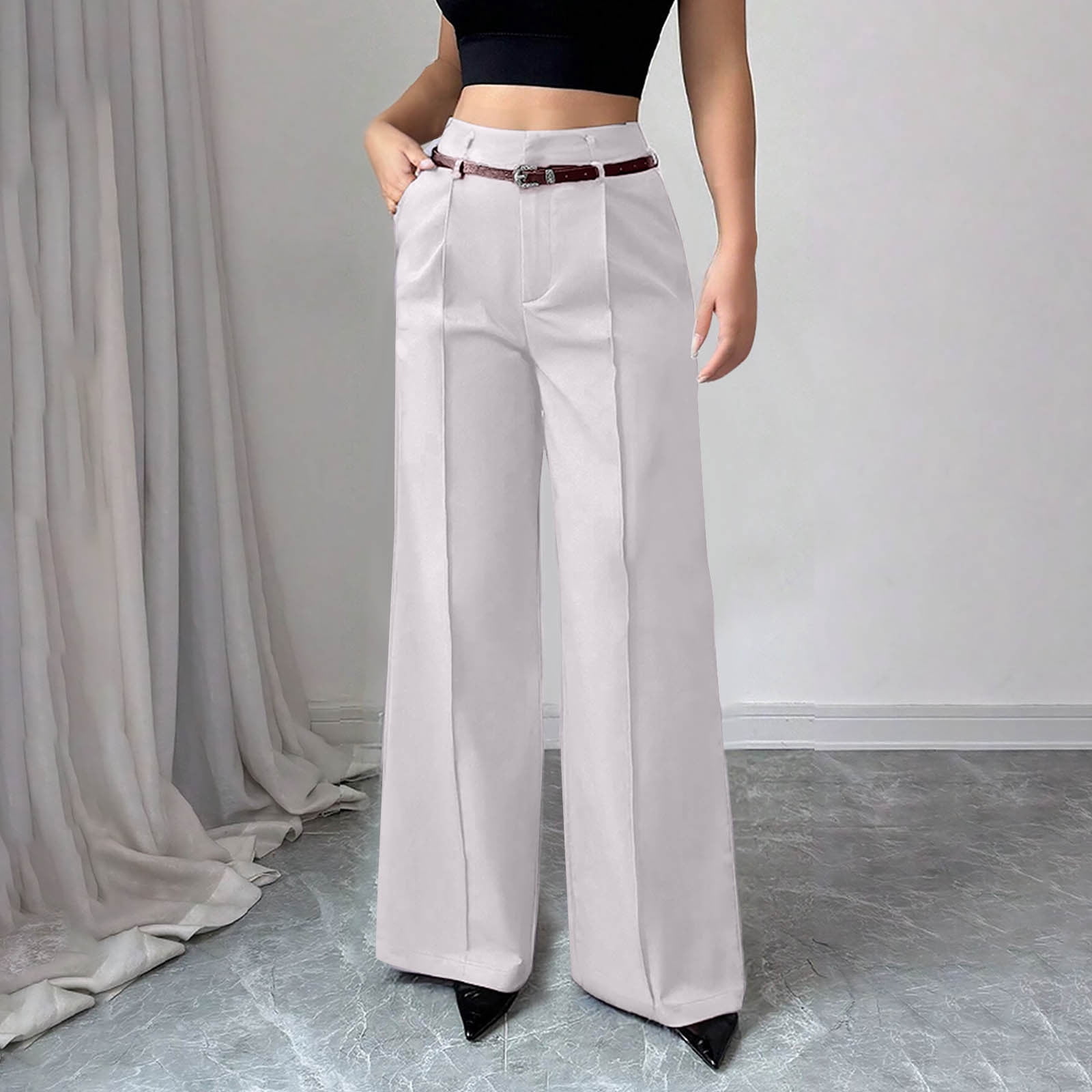 george ladies dress pants DPTALR Women's Wide Leg High Waisted Flowy Pants,Workout Casual Trousers,Silver,Size M Wide leg pants