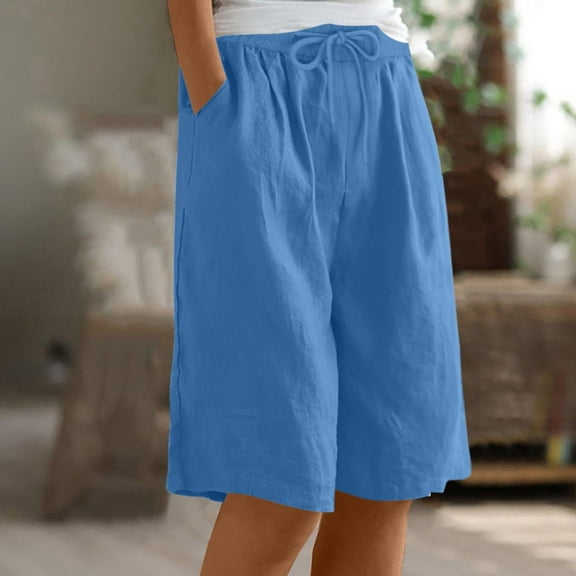 DPTALR George Women's Wide Leg Knee Length Elastic Bermuda Culottes,Long Shorts,#Blue,Size M