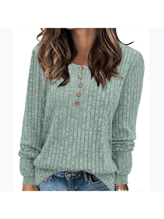 George Women's Winter Casual Solid Color Loose Round Neck Long Sleeve Brushed Knit Sweater with Buttons,Green,Big and Tall Men M
