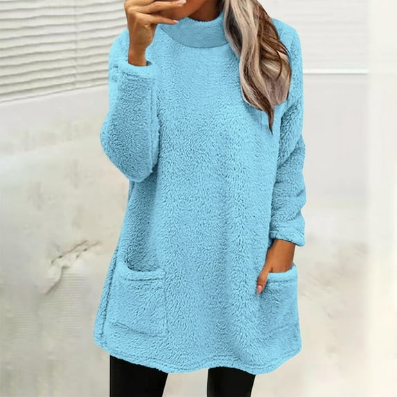 DPTALR George Women's Winter Solid Color High Collar Long Sleeve Top with Pocket,Blue,Size XXL