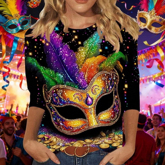 DPTALR Mardi Gras Women's Casual Print Crew Neck Three-Quarter Sleeve Loose T-Shirt,Black,Size L