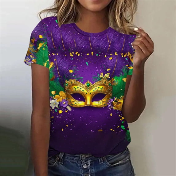 DPTALR Mardi Gras Women's Casual Printed Round Neck Short Sleeved Pullover Top,Purple,Size S