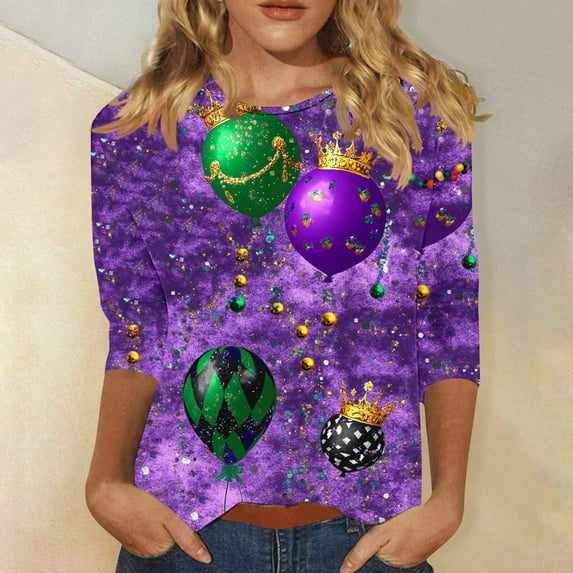 DPTALR Mardi Gras Women's Fashion Casual Printed Round Neck Three-Quarter Sleeve Loose T-shirt,Purple,Size XL