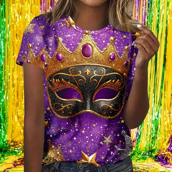 DPTALR Mardi Gras Women's Fashionable Printed Round Neck Short Sleeved Loose Casual T-shirt,Purple,Size L