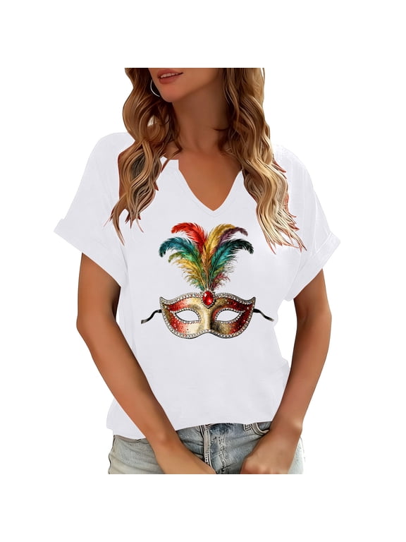 Mardi Gras Women's Print V-neck Short Sleeved Casual T-shirt,White,Size XXL