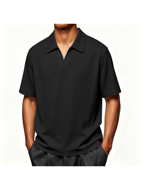 Men's Business Casual Textured Knit Short Sleeve V-Neck Polo Shirt,Black,Big Men's,Tall Men's XL,Young Men's T-shirt