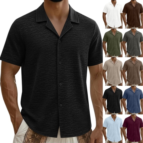 DPTALR Men's Camp Collar Textured Short Sleeve Button Down Shirt,Brown,Big Men's,Tall Men's L,Young Men's Shirts