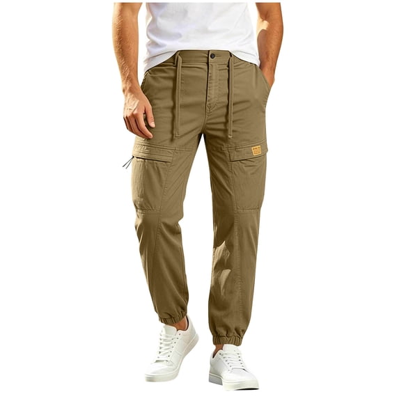 DPTALR Men's Cargo Jogger Pants Drawstring Waist Multi-Pocket Casual Trousers,Khaki,Big Men's,Tall Men's L,Young Men's Pants