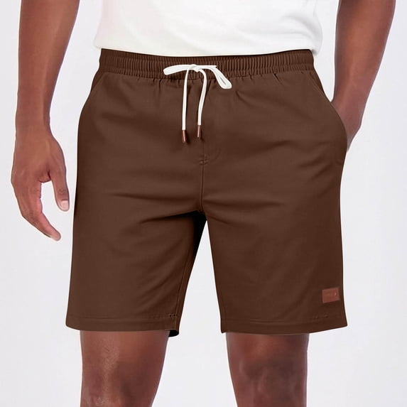 DPTALR Men's Casual Quick Dry Shorts Elastic Waist Drawstring Summer Shorts with Leather Label,Brown,Big Men's,Tall Men's M,Young Men's Short