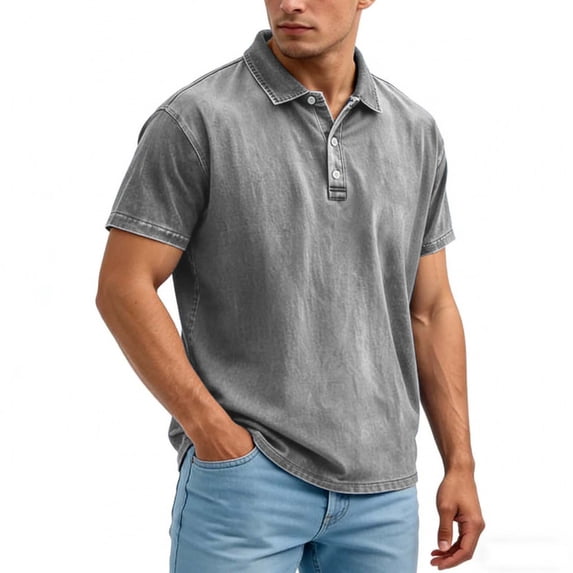DPTALR Men's Casual Solid Color Denim-Like Short Sleeve Lapel Shirt，Vintage Button-Up Top,Gray,Big and Tall Men S