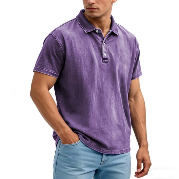 DPTALR Men's Casual Solid Color Denim-Like Short Sleeve Lapel Shirt,Vintage Button-Up Top,Purple,Big and Tall Men XXXL