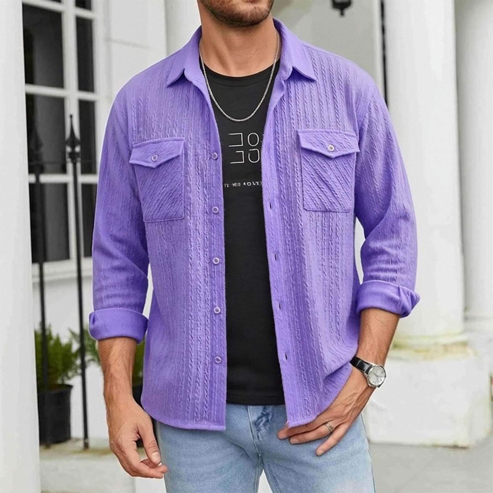 DPTALR Men's Casual Solid Color Turndown Collar Long Sleeve Shirt with ...