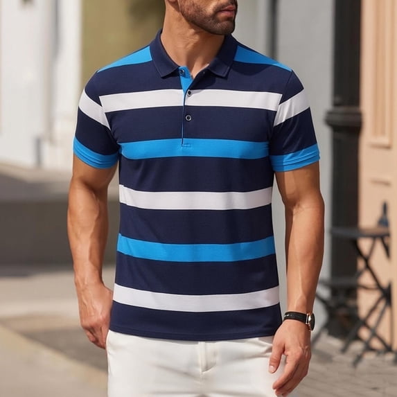 DPTALR Men's Color Block Striped Shirts,Short Sleeve Button Down,Blue,Big Men's,Tall Men's M,Young Men's Shirts