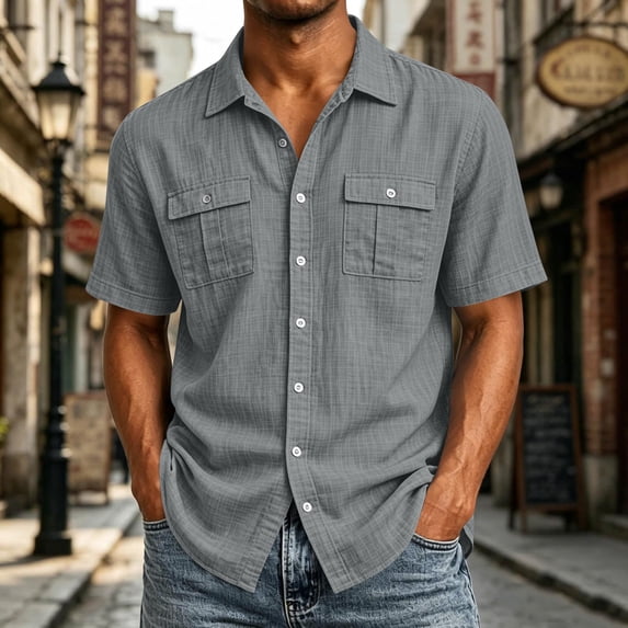DPTALR Men's Cotton Short Sleeve Button Down Shirt with Two Chest Pockets Casual Summer Shirt,Dark Gray,Big and Tall Men L
