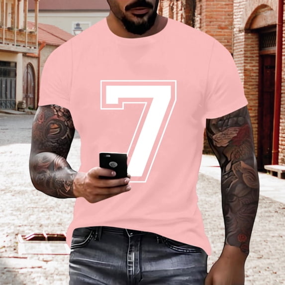 DPTALR Men's Fashion Printed Round Neck Short Sleeve Casual Pullover Top,Pink,Big Men's,Tall Men's M,Young Men's