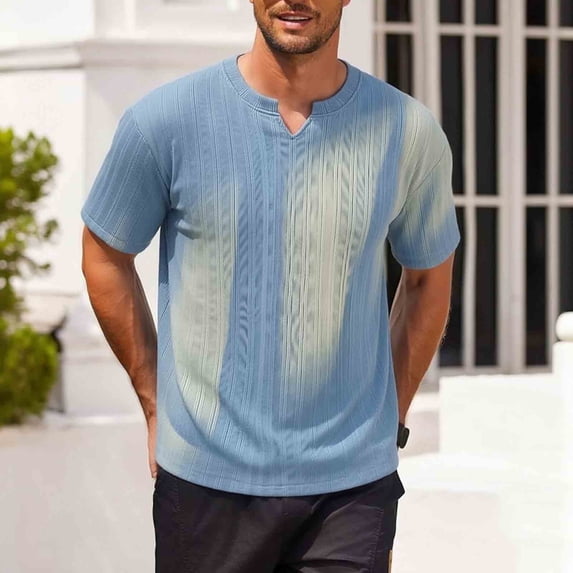 DPTALR Men's Gradient Textured V-Neck T-Shirt,Short Sleeve Casual Henley Tee,Sky Blue,Big Men's,Tall Men's M,Young Men's Shirts