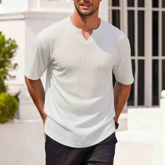 DPTALR Men's Gradient Textured V-Neck T-Shirt,Short Sleeve Casual Henley Tee,White,Big Men's,Tall Men's XXL,Young Men's Shirts
