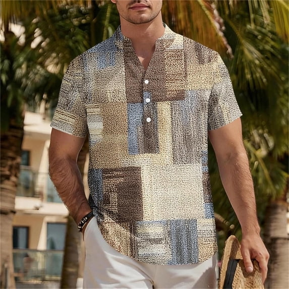 DPTALR Men's Hawaiian Print Short Sleeve Button Down T-shirt,Khaki,Big Men's,Tall Men's XXXXL,Young Men's T-shirt