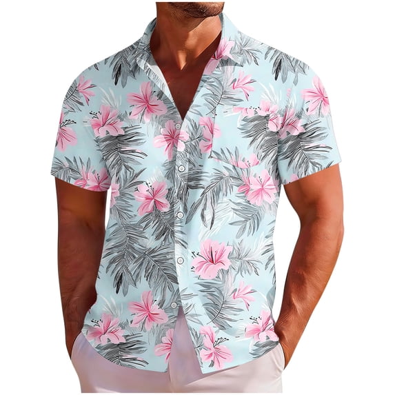 DPTALR Men's Hawaiian Print Short Sleeve Button Down T-shirt,Light Blue,Big Men's,Tall Men's XXL,Young Men's T-shirt