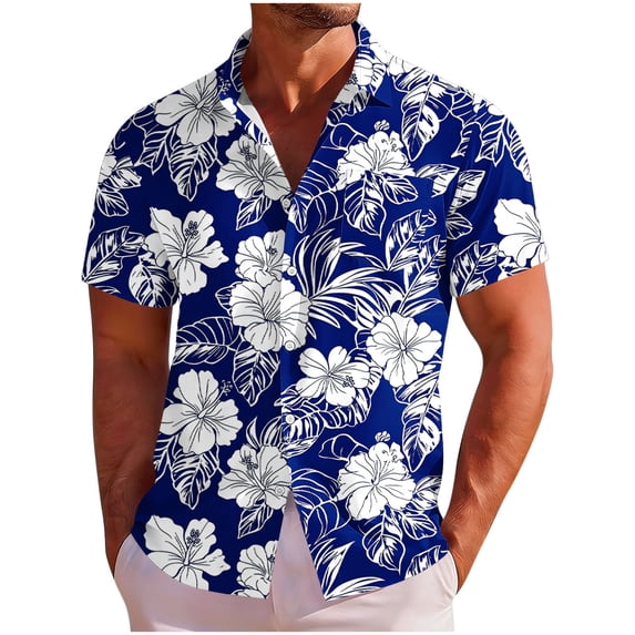 DPTALR Men's Hawaiian Print Short Sleeve Button Down T-shirt,Navy,Big Men's,Tall Men's S,Young Men's T-shirt