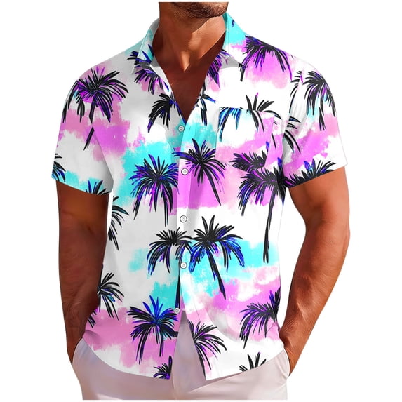 DPTALR Men's Hawaiian Print Short Sleeve Button Down T-shirt,Purple,Big Men's,Tall Men's XXL,Young Men's T-shirt