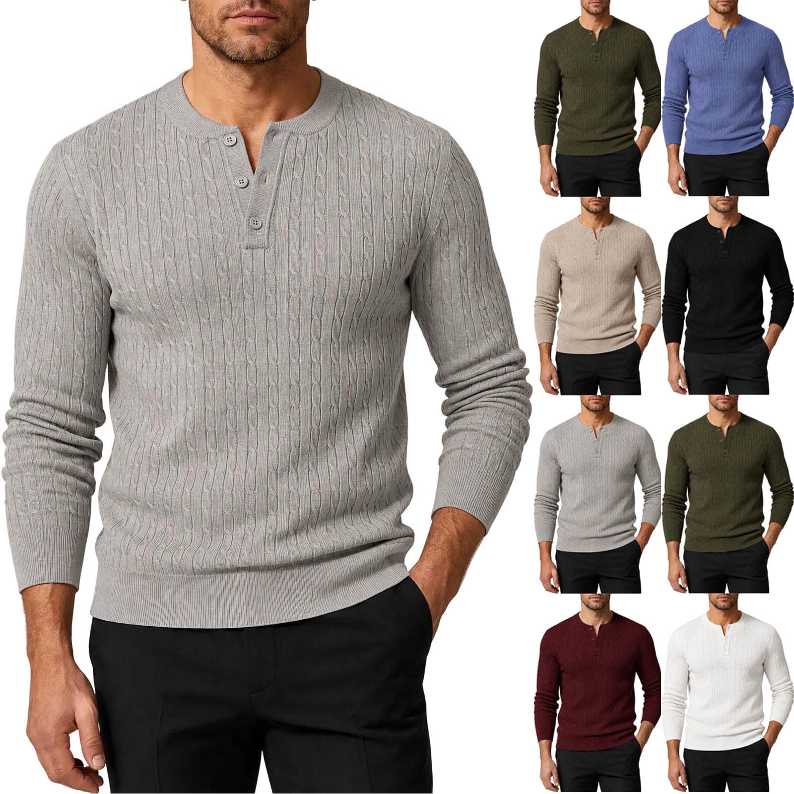 DPTALR Men's Henley Long Sleeve Sweater, Cable Knit Pullover Top,Size M ...
