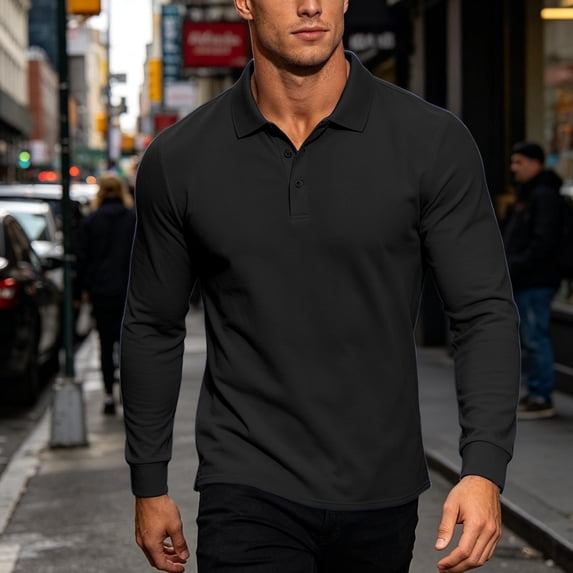DPTALR Men's Lapel Long Sleeve Polo Shirt, Solid Color Business Casual Golf Top,Black,Big and Tall Men L