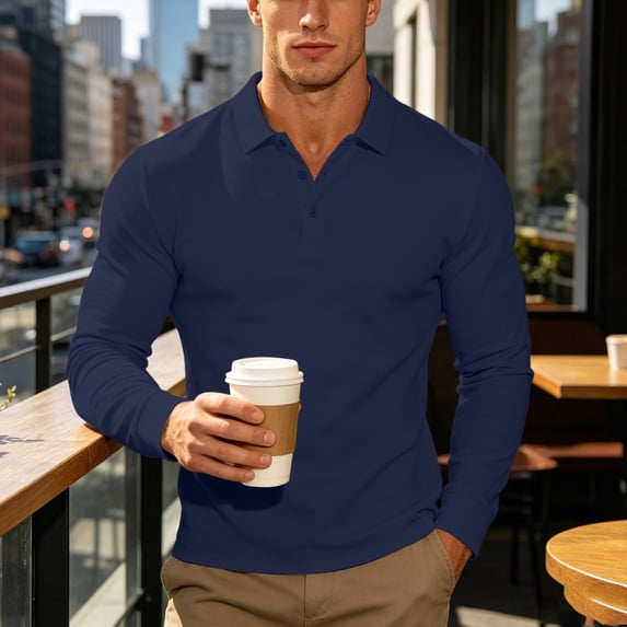 DPTALR Men's Lapel Long Sleeve Polo Shirt, Solid Color Business Casual Golf Top,Navy,Big and Tall Men XXXL