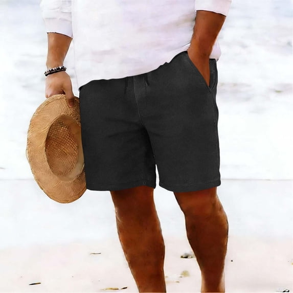 DPTALR Men's Linen Blend Casual Shorts Elastic Waist Drawstring Summer Beach Shorts,Black,Big Men's,Tall Men's L,Young Men's Short