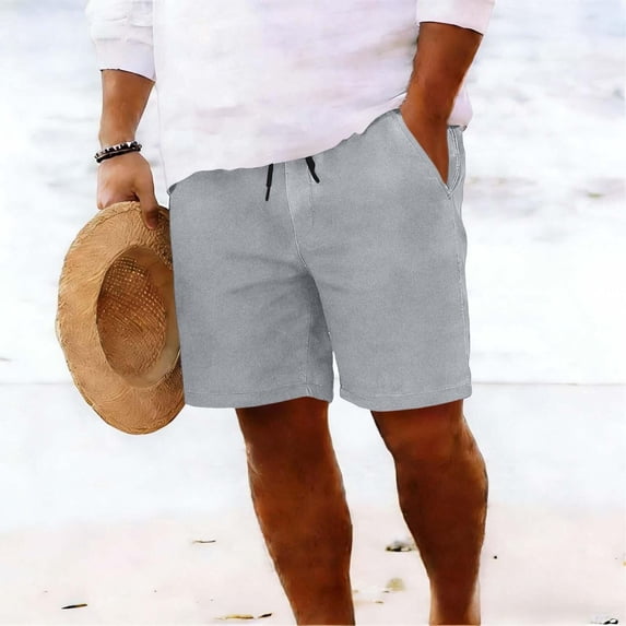 DPTALR Men's Linen Blend Casual Shorts Elastic Waist Drawstring Summer Beach Shorts,Gray,Big Men's,Tall Men's XXXL,Young Men's Short