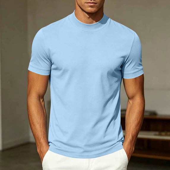 DPTALR Men's Mock Neck T-Shirt Short Sleeve Form-Fitting Casual Solid Color Basic Tee,Light Blue,Big and Tall Men L
