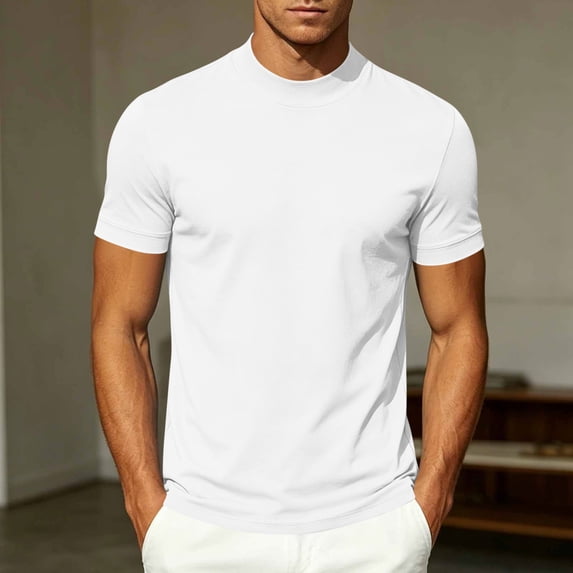 DPTALR Men's Mock Neck T-Shirt Short Sleeve Form-Fitting Casual Solid Color Basic Tee,White,Big and Tall Men L