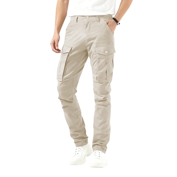 DPTALR Men's Solid Casual Multi-Pocket Outdoor Straight Fitness Cargo Pants,Beige,Big Men's,Tall Men's XXXL,Young Men's