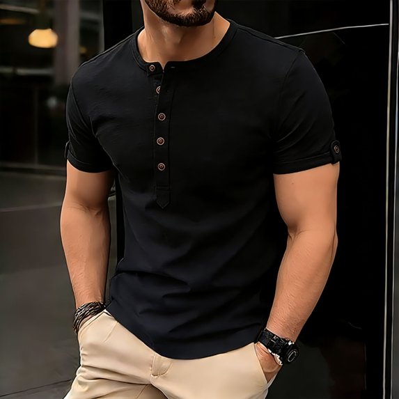 DPTALR Men's Solid Color Henley Shirt,Short Sleeve Button Henley Tee with Waffle Texture,Black,Big Men's,Tall Men's L,Young Men's Shirts