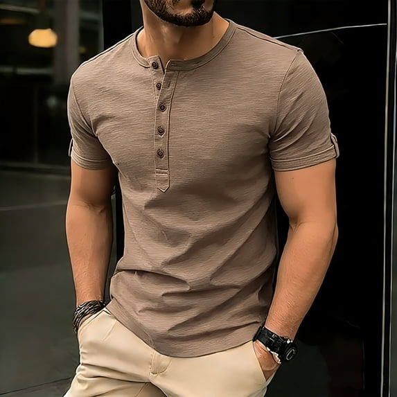 DPTALR Men's Solid Color Henley Shirt,Short Sleeve Button Henley Tee with Waffle Texture,Khaki,Big Men's,Tall Men's XXL,Young Men's Shirts