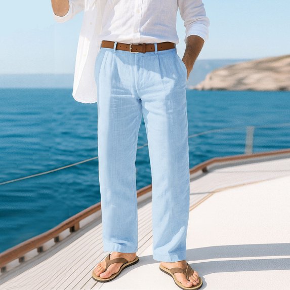 DPTALR Men's Spring Summer Solid Color Linen Elastic Waist Pocket Casual Long Pants,Sky Blue,Big Men's,Tall Men's XXL,Young Men's