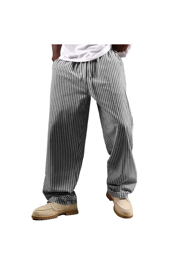 Men's Striped Elastic Drawstring Waist Casual Fashion Straight Leg Pants,Black,Big Men's,Tall Men's XXXL,Young Men's