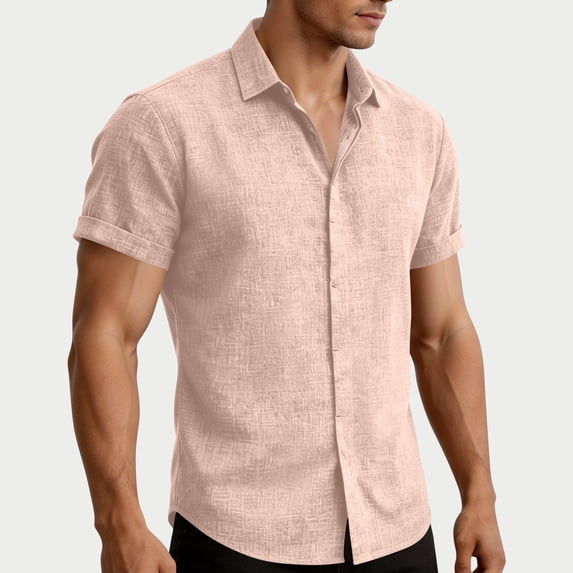 DPTALR Men's Textured Linen Blend Short Sleeve Shirt,Button Down Casual Beach Shirt,Beige,Big Men's,Tall Men's L,Young Men's Shirts