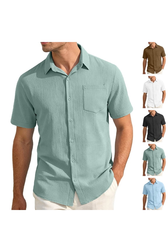 Men's Textured Waffle Short Sleeve Button Down Shirt,Casual Pocket Beach Shirt,Black,Big Men's,Tall Men's XXXL,Young Men's Shirts